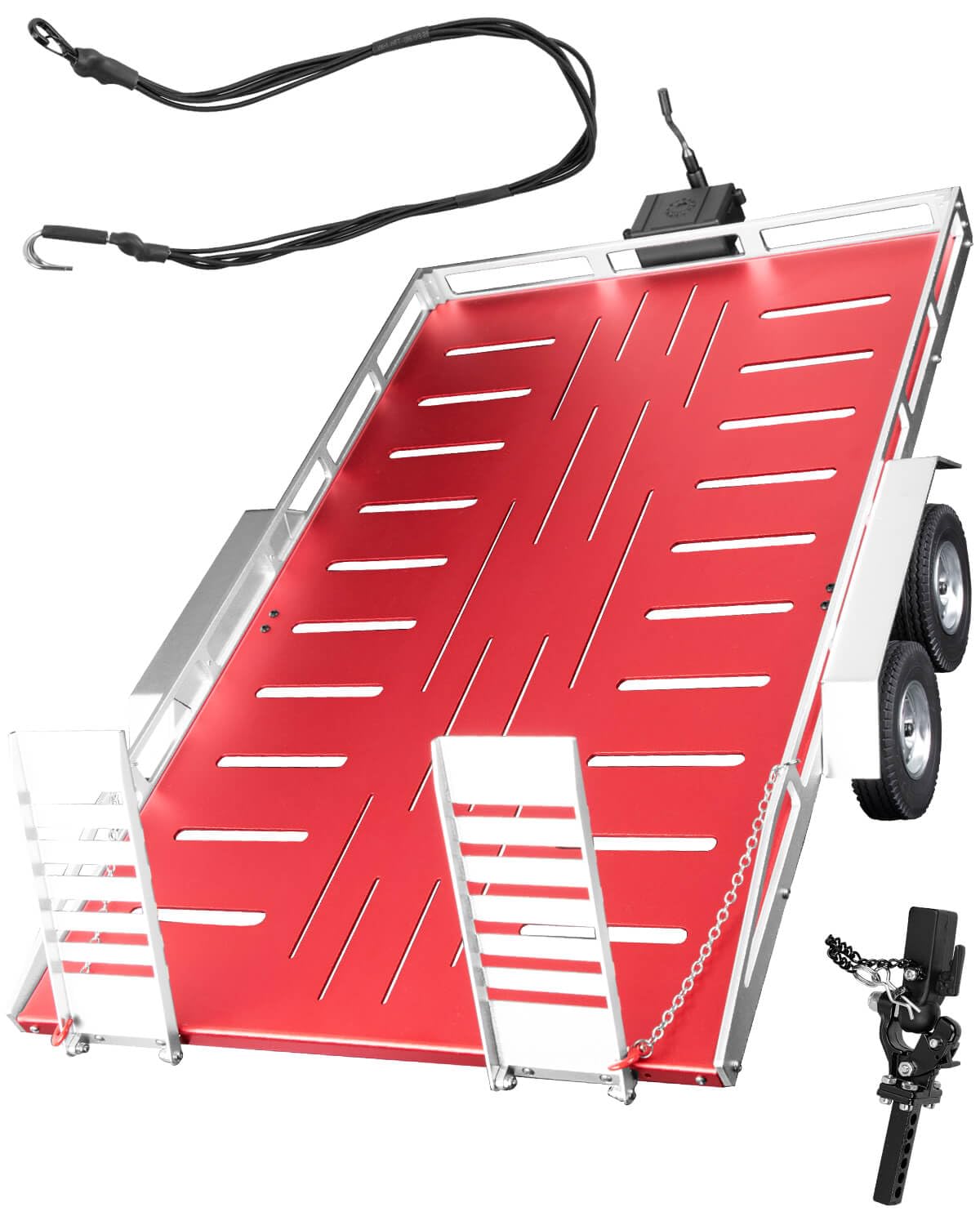 RCMYou Aluminum RC Trailer for 1/10 1/8 RC Crawler TRX4 TRX6 Redca t Scout II Gen8 Tamiya Scx10 II D90 Wraith,RC Heavy Duty Truck and RC Rock Cars Trailer with RC Trailer Hook Coupler,Red