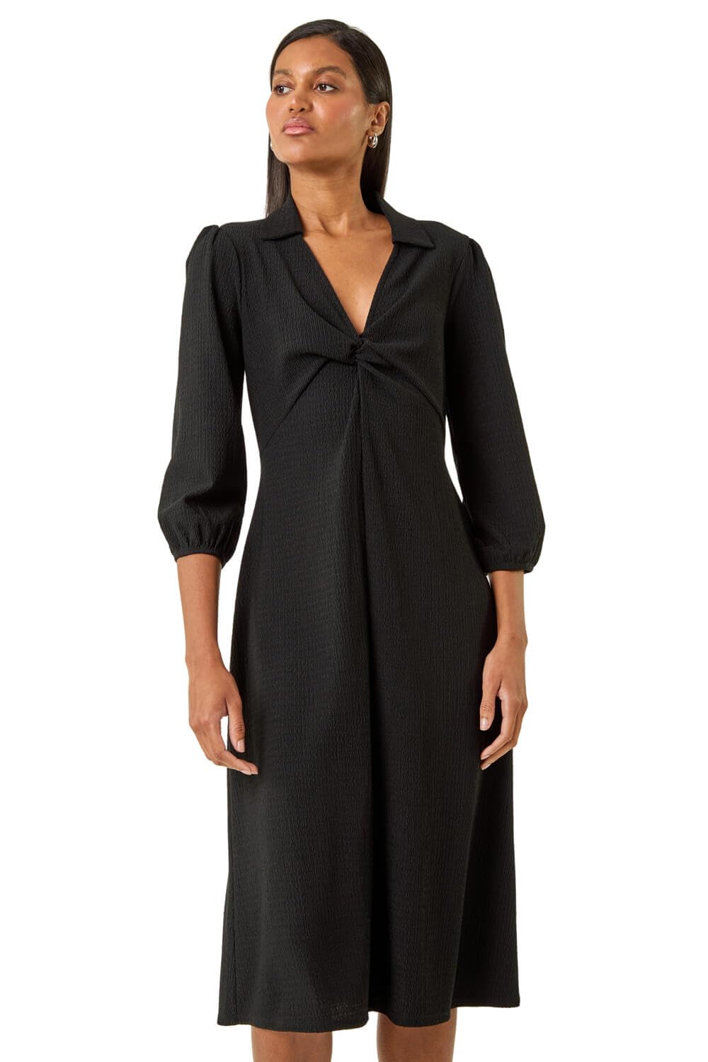 Roman Women's Black Textured Collared Twist Front Dress In | Size: 20