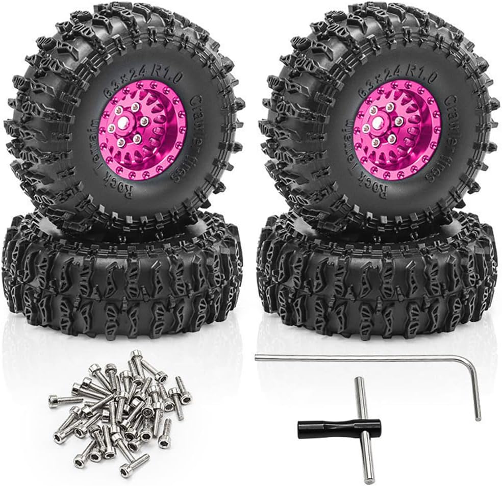 4PCS 1.0'' Aluminum Wheel Hub Wheel Rim Tires Wheels 63x24mm RC Upgraded Parts for SCX24 AX24 TRX4M 1/18 1/24 Crawler RC Climbing Car (Red)