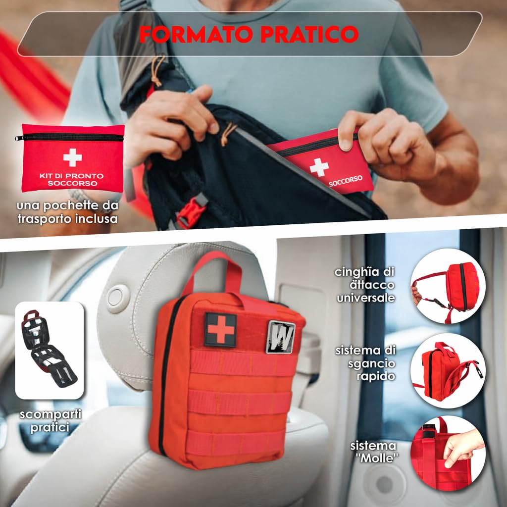 WONCROW ® Kit di Pronto Soccorso - Cassetta Primo Soccorso de Viaggio Auto Trekking Accessori Kit Sopravvivenza Militare Professionale Cerotti Medicazione Garze Sterili Disinfettante Ferite Emergenza