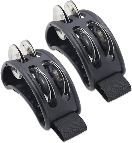 Panderetas de pie negro, paquete de 2 vibradores de percusión de pies, instrumentos de percusión musical de pandereta para adultos, uso con guitarra