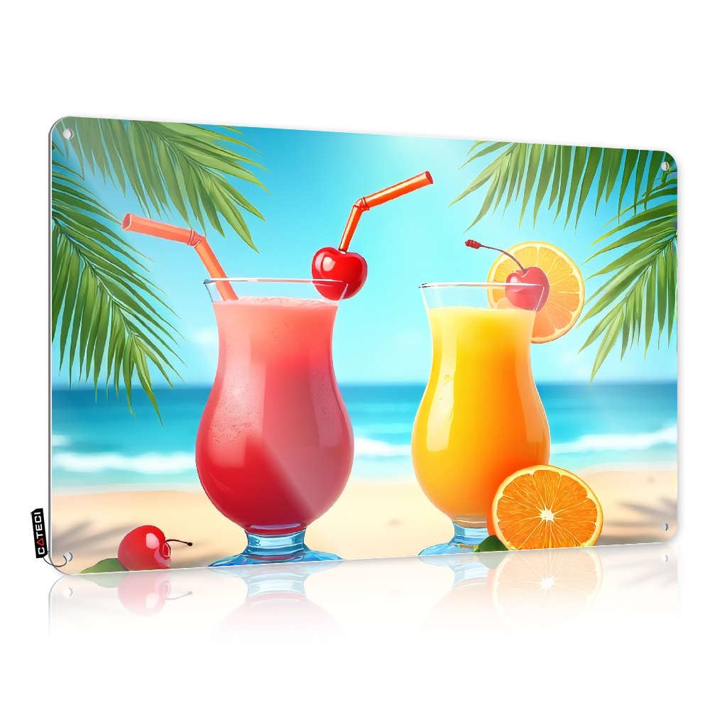 Sujd Men's Colour Western Room Decor Tin Sign Handmade Highland Welcome Bell Flat Print Art : For Lovers & Rustic Metal Stars Wall - Two Tropical Fruit Smoothies On A Beach.