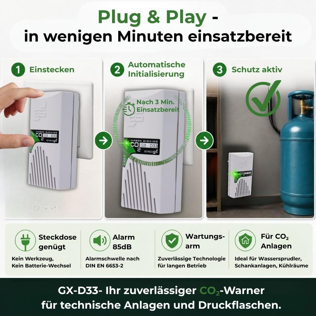 Schabus 300257 CO2 (Kohlensäure) Warngerät, netzbetriebes Plug-in Steckdosengerät (230V) speziell für Teeküchen in Büros, den denen CO2-Flaschen für Wassersprudler aufgestellt sind