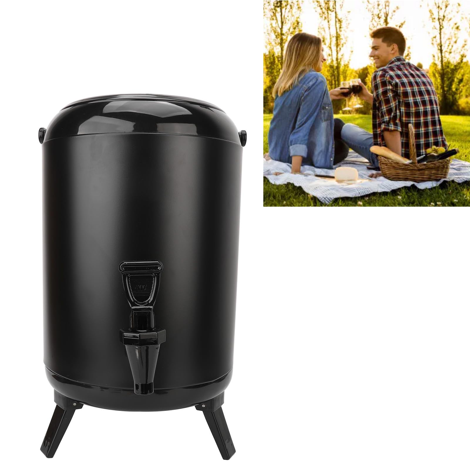 Ejoyous Großer Getränkespender aus Edelstahl, Camping-Wasserbehälter, 8 L, Doppelt Isoliertes Wasserhahn-Design mit Faltbarer Halterung für Camping, Büro, Hotel, Hochzeit, Außenbereich (BLACK)