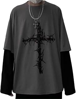 Women Y2K Fall Goth Cross Dark Academia Sweatshirt Harajuku Men Grunge Fake 2 Piece Punk Alt Emo Korean Shirt Blouse