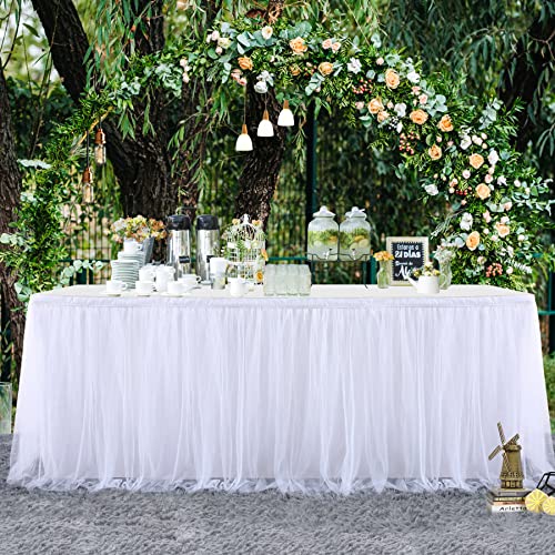 6Ft White Tulle Table Skirt For Rectangle Or Round Tables Tutu Table Skirt White Ruffle Table Cloth For Wedding Bridal Shower Baptism Birthday Party Christening Banquet Table Decorations(L6(Ft)H 30In) #TOP1
