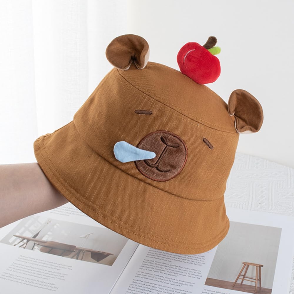 Capybara Bucket Hat Embroidered Fisherman Cap Cute Beach Sun Hats Brown