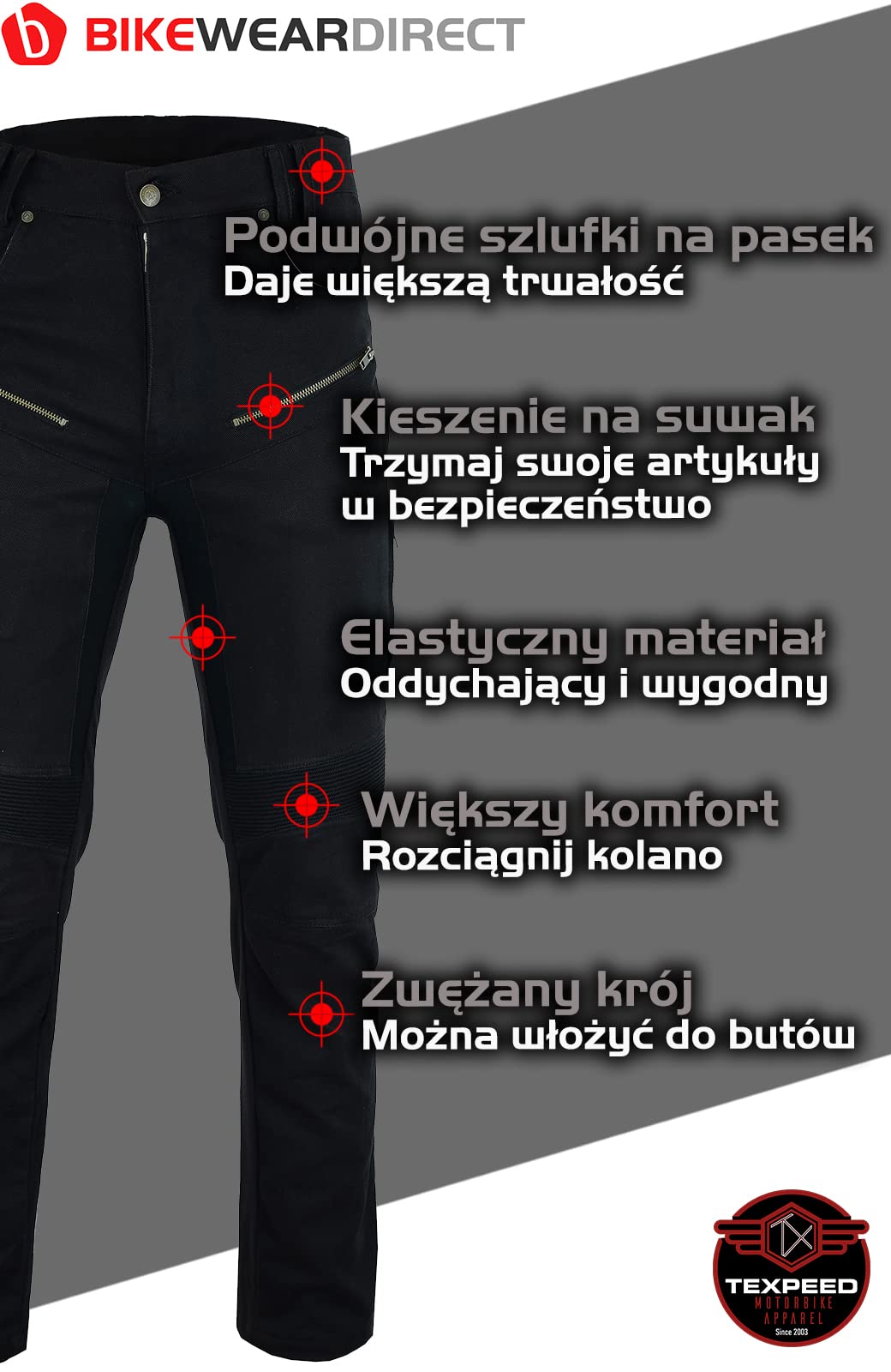 Dżinsy motocyklowe pancerz dla mężczyzn - Spodnie z ochroną - 280 g/m² aramid z pancerzem ochronnym (EN 1621-1) - Zwężany krój - Texpeed - Czarny - XL Talia/Krótki Noga