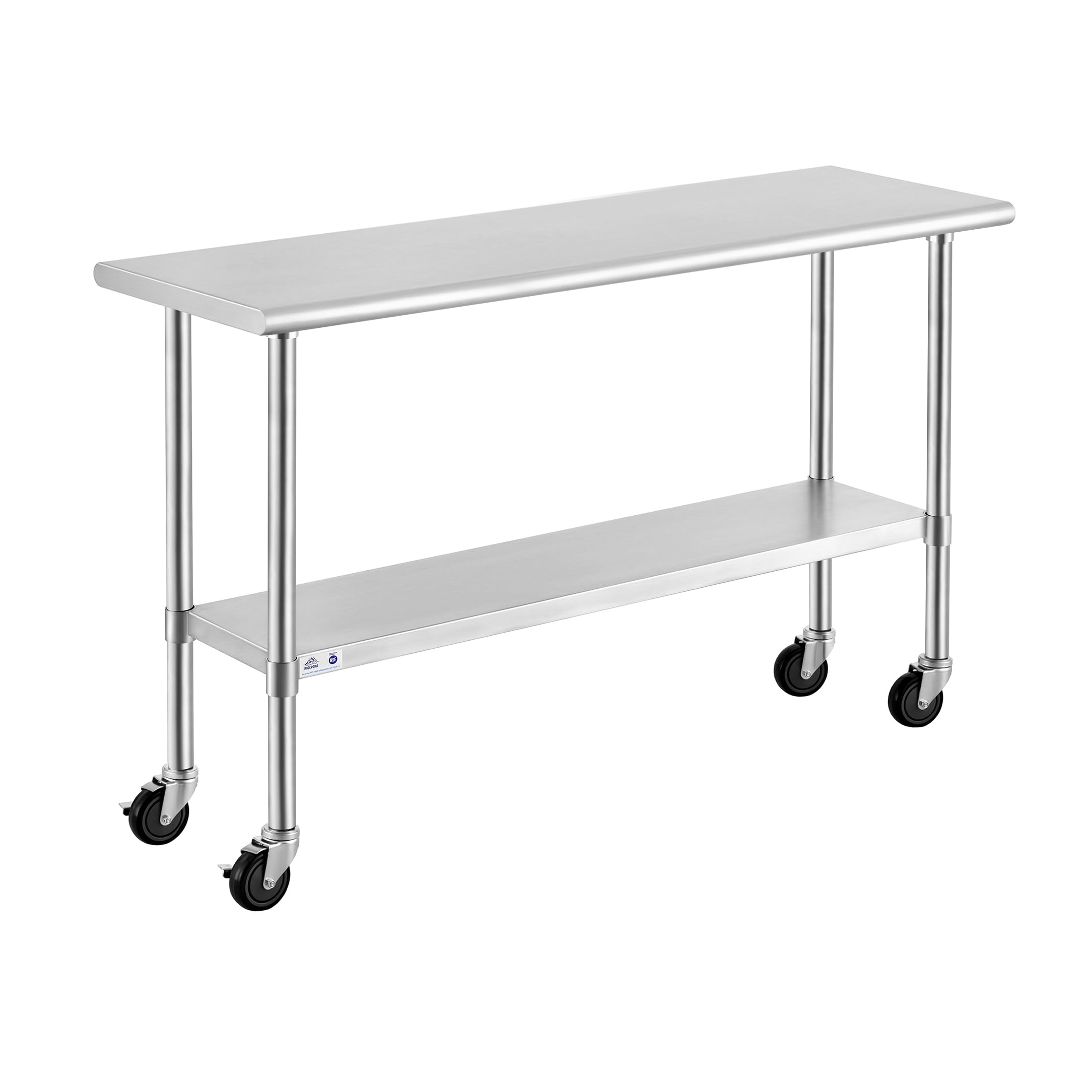 ROCKPOINT Stainless Steel Table for Prep & Work with Caster Wheels 18x60 Inches, NSF Metal Commercial Kitchen Heavy Duty Table with Adjustable Under Shelf and Table Foot for Restaurant, Home and Hotel