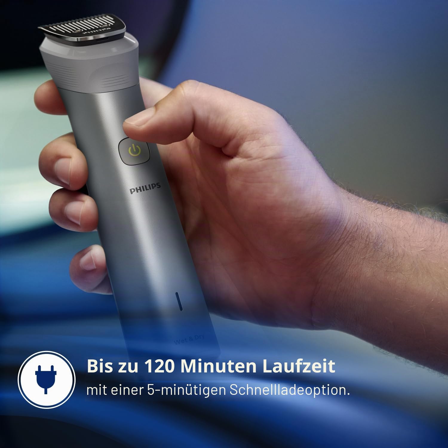 Philips MG5930/65 All-in-One-Trimmer, wiederaufladbar, kabellos, für Gesicht, Kopf und Körper für Männer (120 Minuten Laufzeit, Bart-Sense-Technologie, Silber)