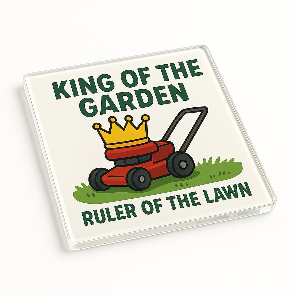 The Plum Penguin Garden Crown Joy Funny Acrylic Coaster Gift For Grandad Birthday - King Of The Garden Cartoon Illustration Novelty Present Home Table Accessory