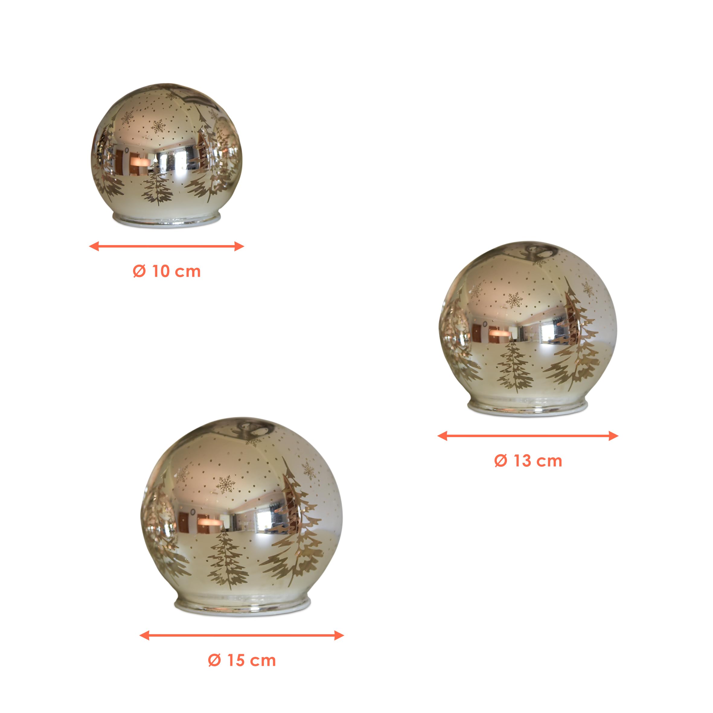 LED Deko Kugel Winterlandschaft im 3er Set - Ø 10 bis 15 cm - Weihnachts Tischdekoration warm weiß beleuchtet - Tisch Fenster Dekoration Schnee Winter Wald Batterie betrieben