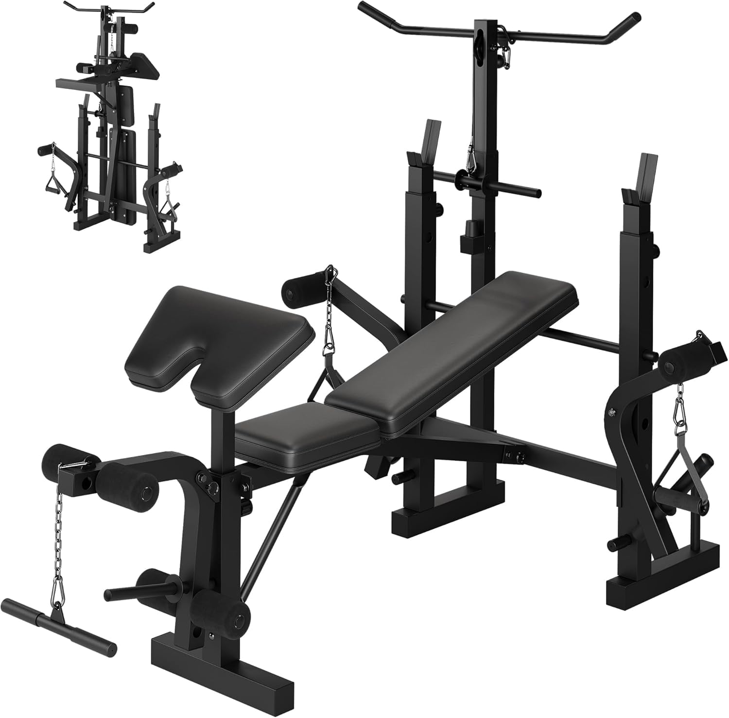 GarveeHome Multifunktionale Hantelbank Set, Klappbar Trainingsbank mit Langhantelständer Latzugturm Seilzug Latzug Butterfly Beinbeuger Training Bank für Fitness Zuhause | Bankdrückgestell, Beinstrecker, Beinbeuger, Squat-Rack und Preacher Curl, Klappbare
