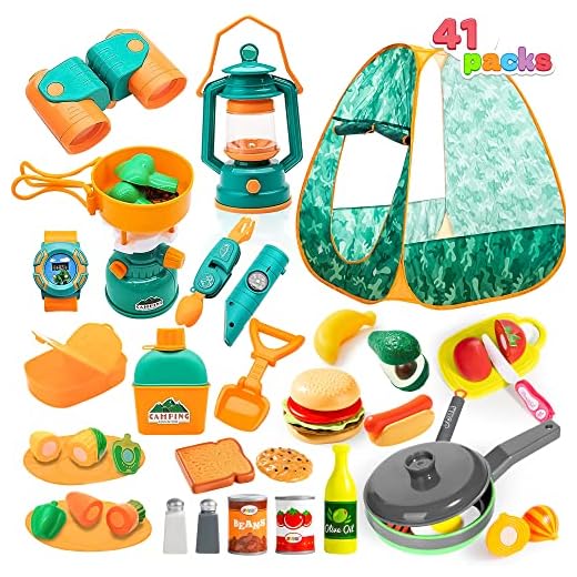 JOYIN 41Pcs Kids Camping Tent Set with Kids Camping Gear, Camping Set Includes Kids Tent, Oil Lantern, Food Toys, Binoculars, Flashlights, Compass and More, Pretend Play Camp Gear Tools for Christmas