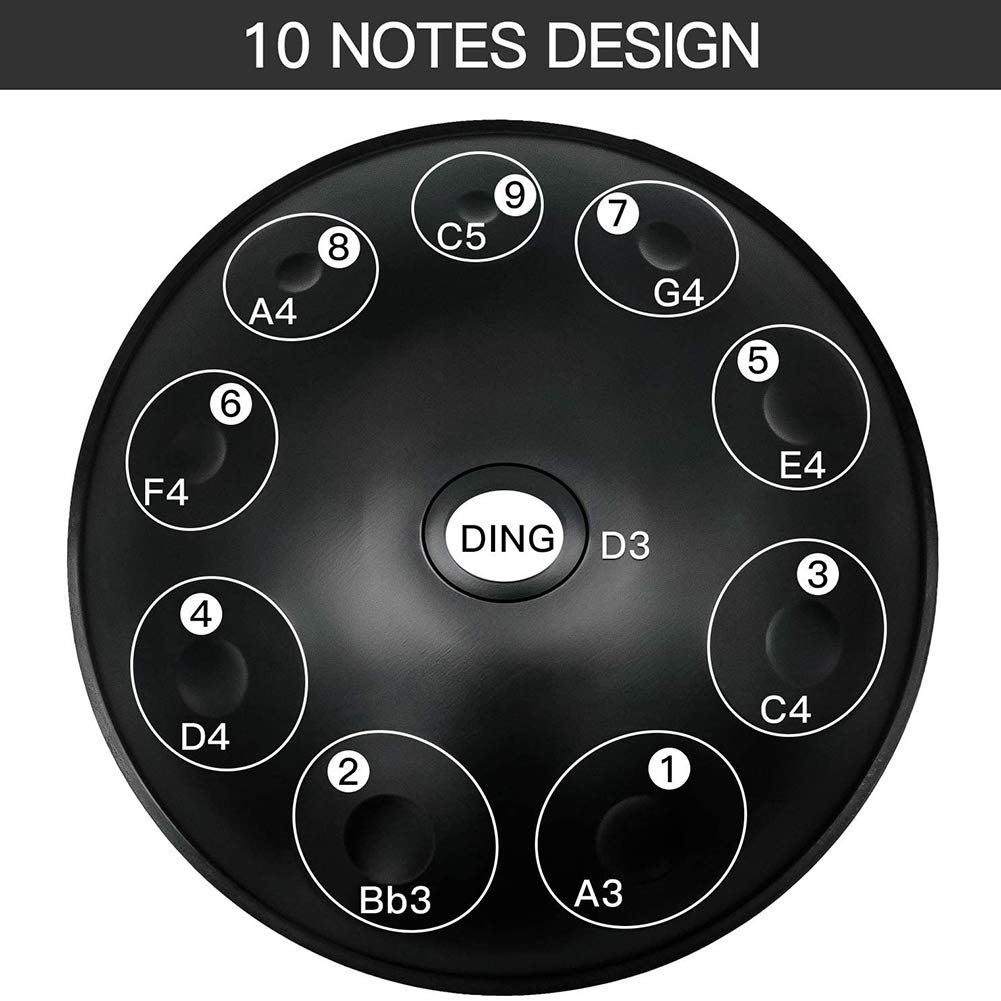 PROPFE Instrumento de Tambor de handpan, handpan en re Menor 10 Notas, Tambor de Mano de Acero de 22 Pulgadas con Bolsa de handpan Suave, 2 martillos de handpan, Soporte de handpan.
