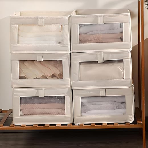 Foldable Clothes Storage Bins, Linen Closet Organizer with Handles & Window, Storage Baskets for Organizing Clothes Toy Books, , 15.7 × 10.6 × 6.7 inch, Beige