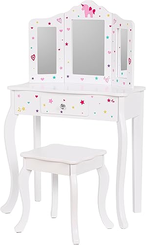 Miniatura 8 de UTEX Juego de tocador y silla para niños con espejo, tocador de maquillaje con cajón, color blanco