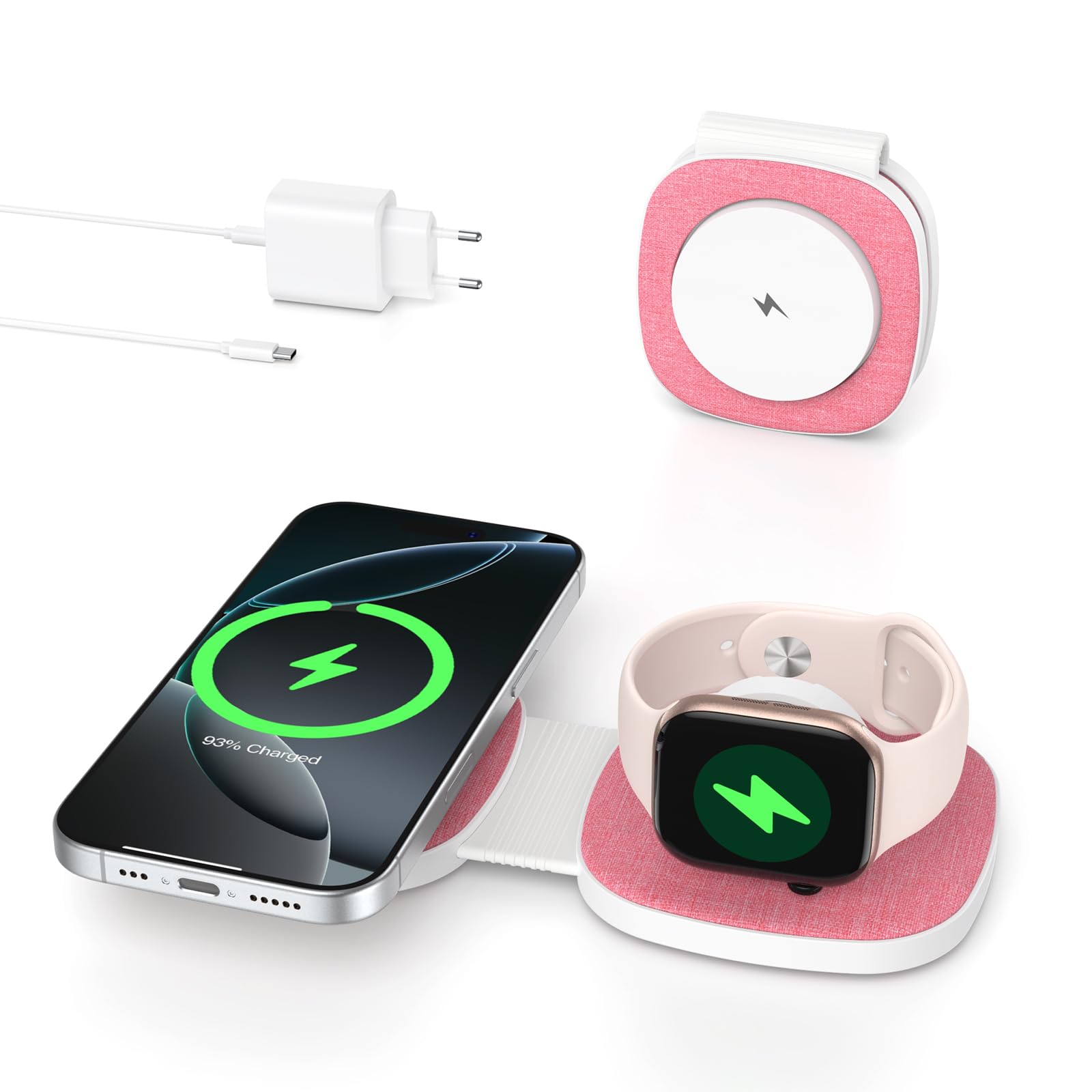 Faltbar 2 in 1 Ladestation für Apple Watch und iPhone für MagSafe iPhone 17e/Air/17/16/15/14/13/12 Series, für Apple Watch Series 11/10/9/8/7/6/5/4/3/2/SE/Ultra, für AirPods
