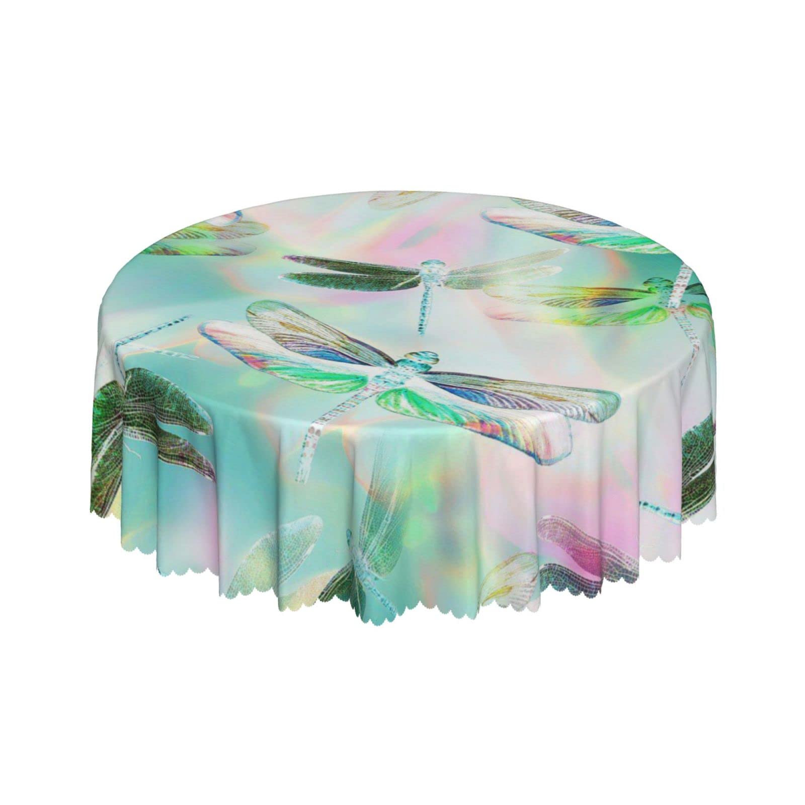 Lsjuee Rainbow Bright Dragonfly Round Tablecloth 60 Inch Printed Washable Tablecloth for Dining Party Holiday Fall Home Decorative