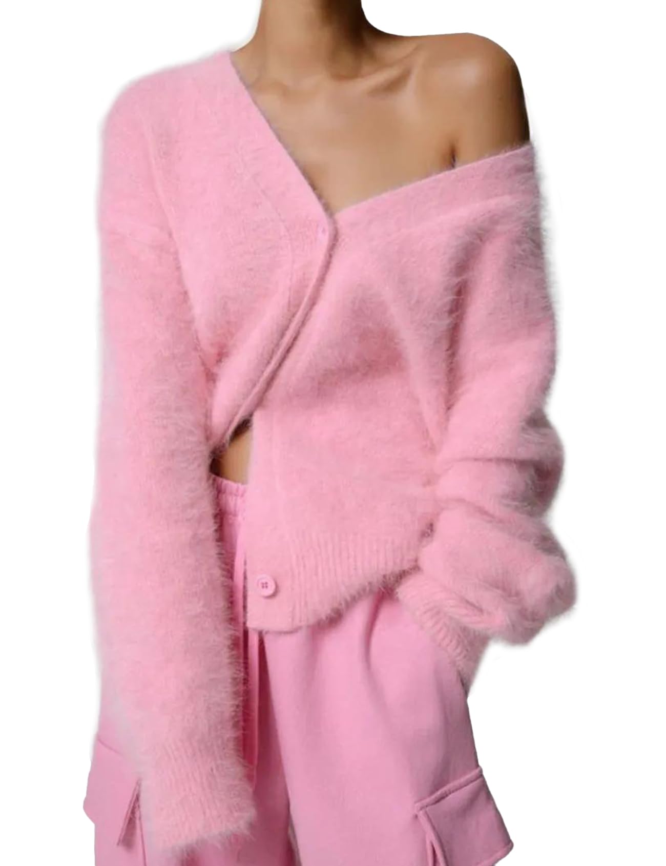 Flygo Womens Fuzzy Mohair Cardigan Sweaters V Neck Button Down Long Sleeve Fluffy Knit Open Front Slouchy Furry