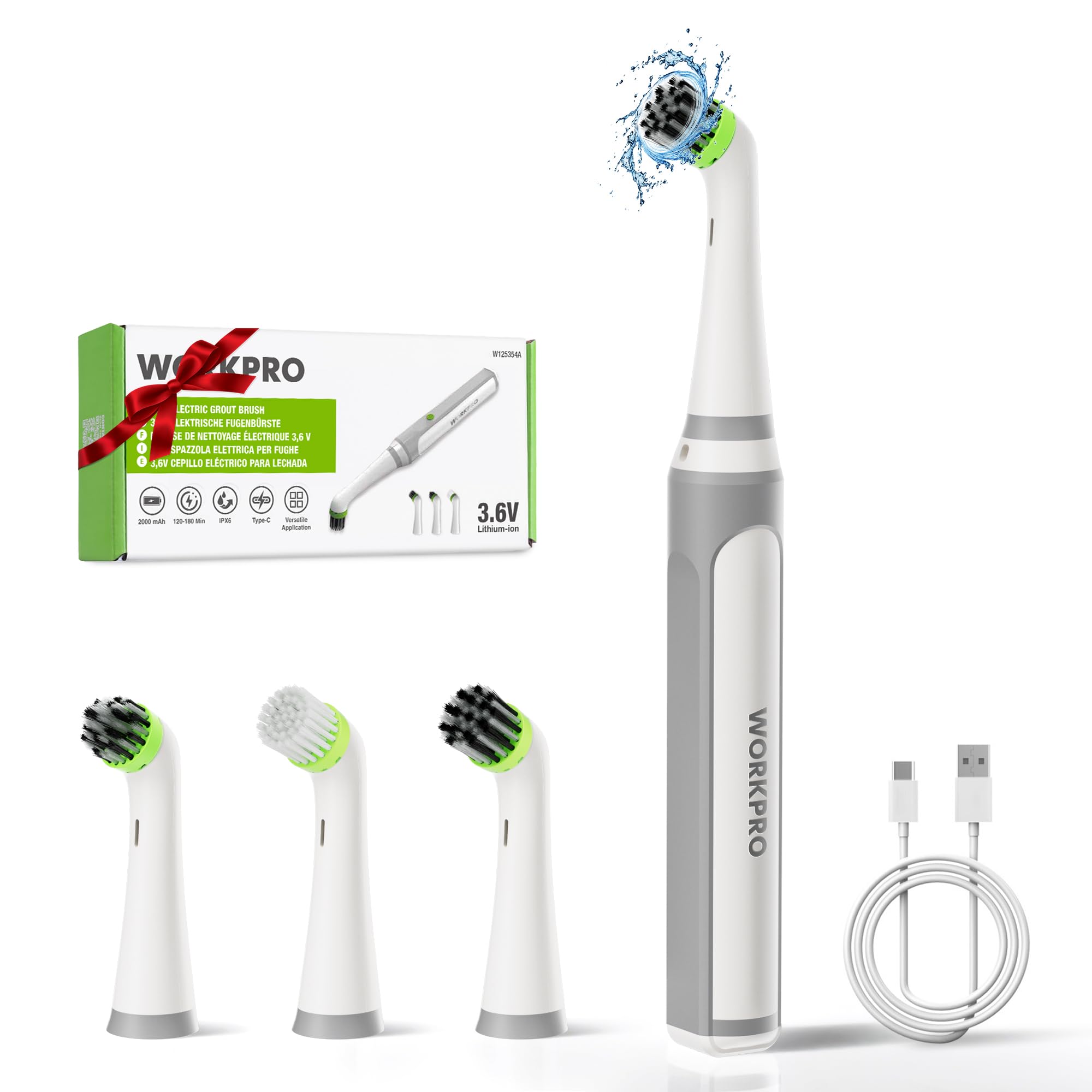 WORKPRO 3.6V Elektrische Reinigungsbürste Haushalt, 5500 RPM Electric Brush, IPX6 Wasserdicht mit USB - C Ladekabel und 4 Austauschbaren Bürstenköpfen für Die Reinigung von Fliesen, Spüle und Fugen