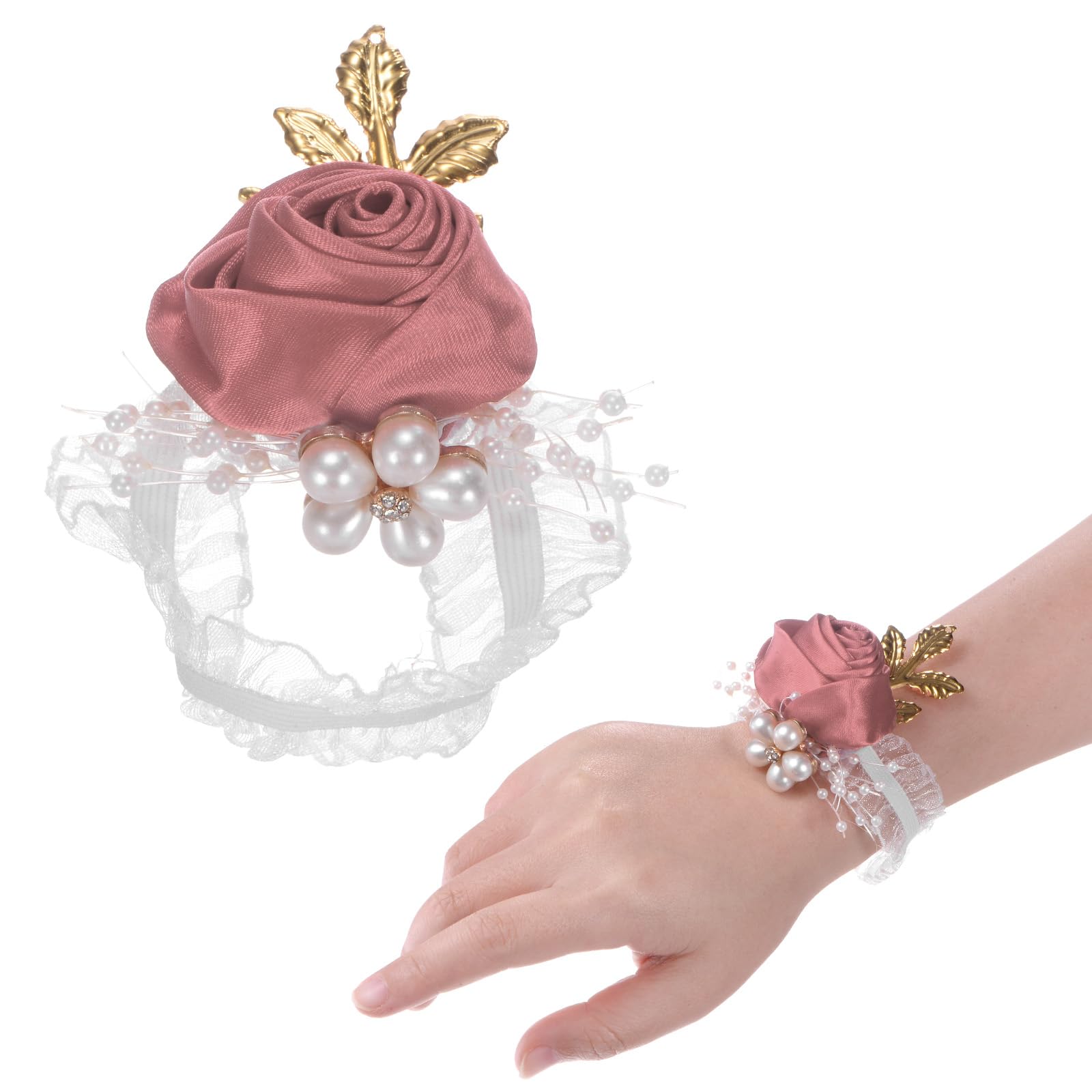 M METERXITY 1-Pack Wrist Corsage Bracelets, Artificial Flower Corsage Wristlets for Wedding/Prom/Party, Wrist Corsages Band Decoration Hand Flower [Golden]
