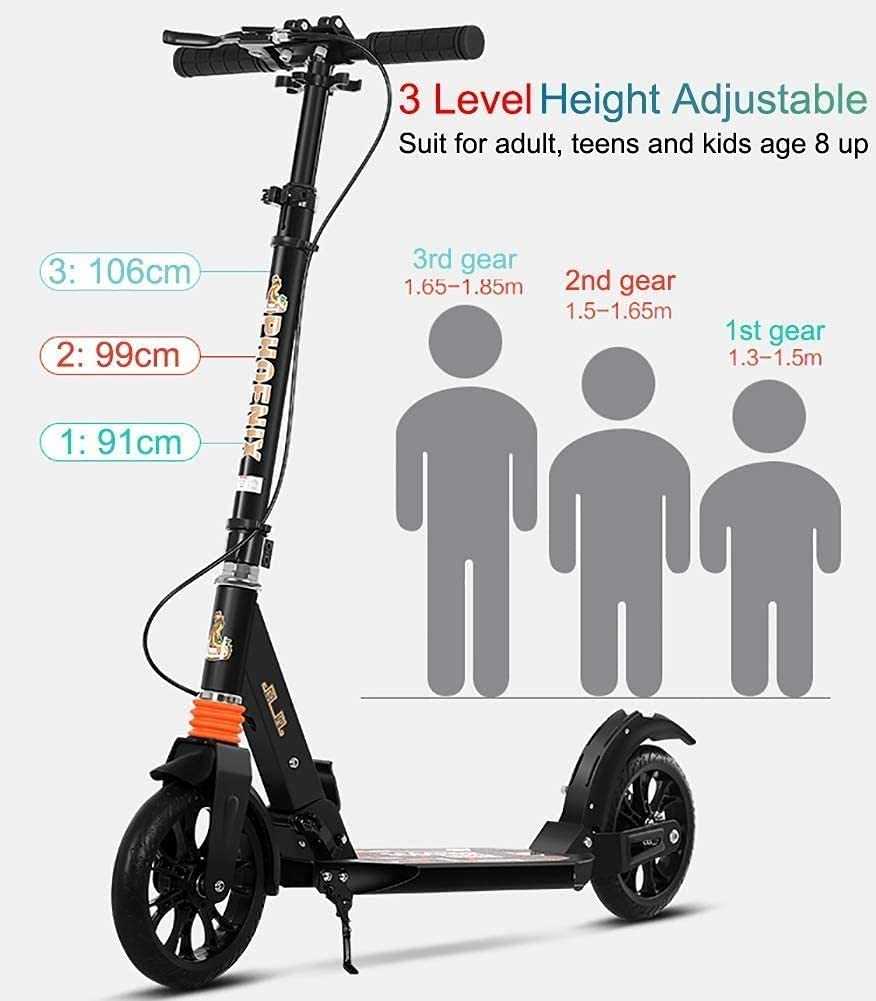 BOBOBH Scooters for niños Scooters Adulto Negro Patada para Adultos con Ruedas Grandes Freno de Mano de Disco Suspensión Doble Empuje de Ciudad Plegable con Cesta de Almacenamiento - Soporta 220