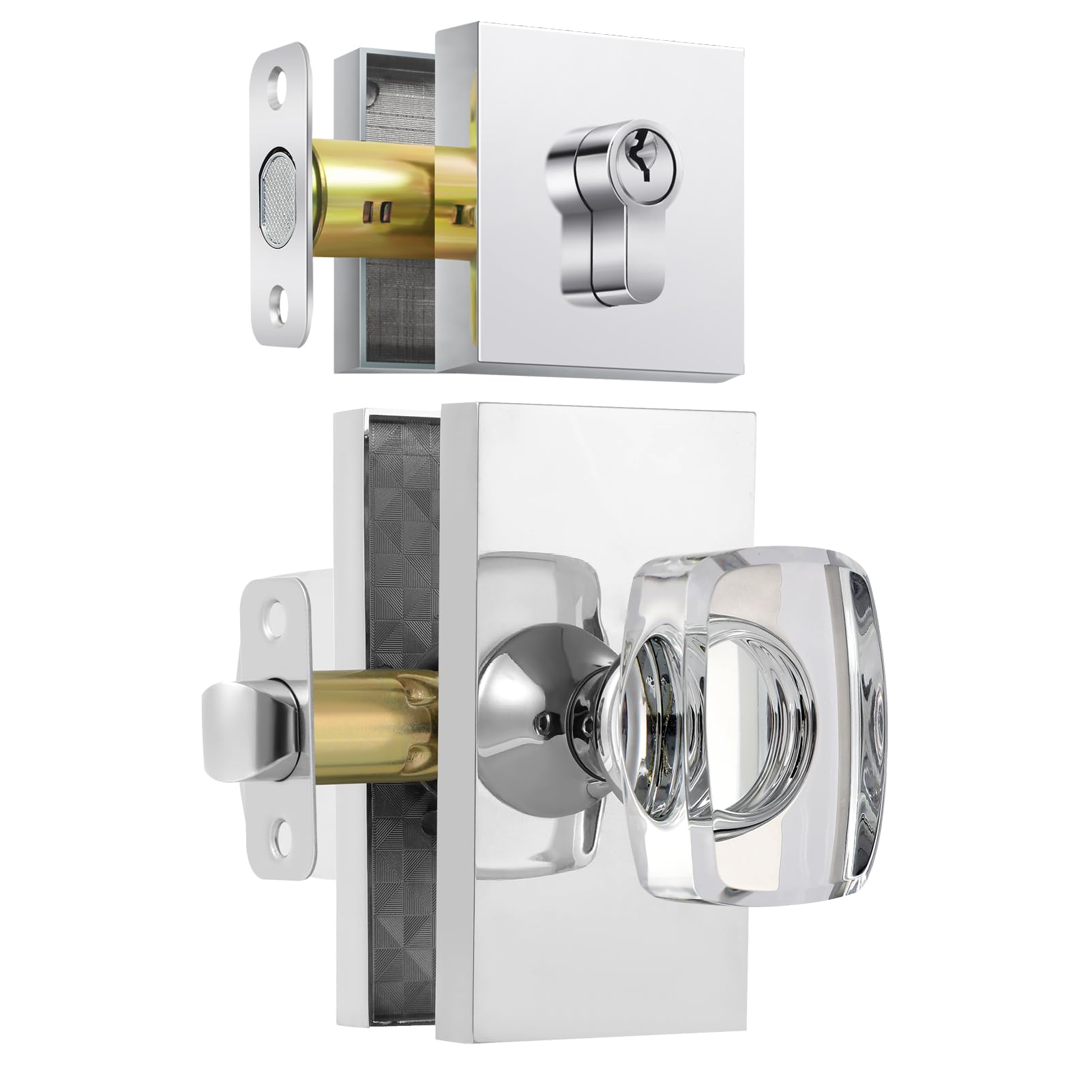 Cerraduras de puerta con cerrojo de seguridad, cerraduras de puerta de entrada con cerrojo y juego de pomos de puerta de cristal de cristal, acabado cromado pulido