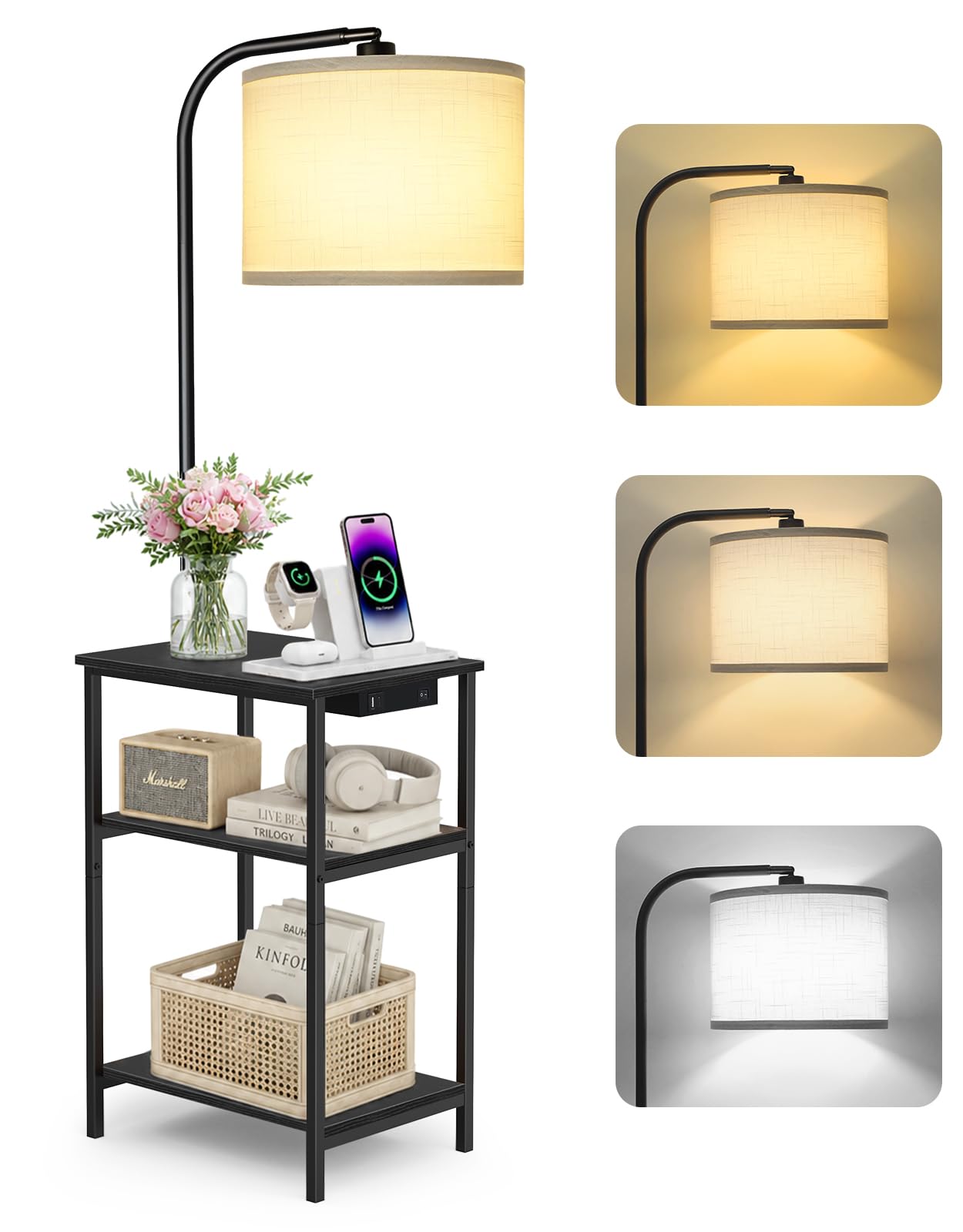 OUTONLIFE Floor Lamp with Side Table & Charging Station, End Table with 3 Color Temperatures & 12W LED Bulb, Open Storage Shelves, Dimmable Modern Table Lamp for Living Room, Bedroom & Office(Black)
