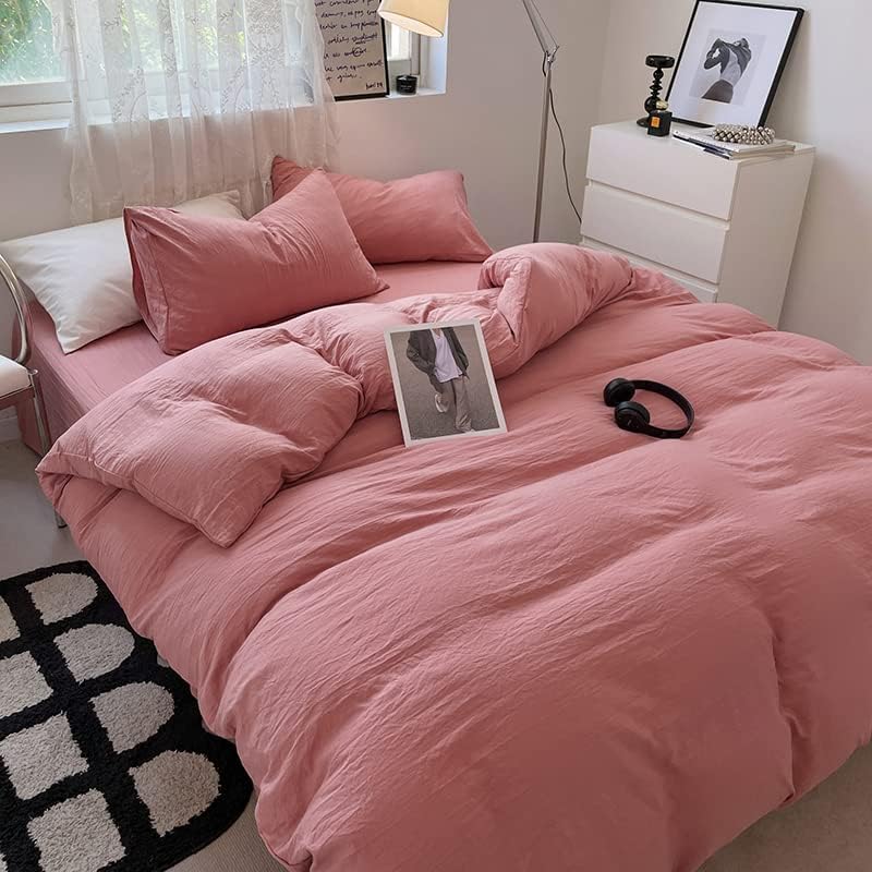 Miniatura 8 de Juego de funda de edredón de lujo con textura arrugada, 3 piezas, lavable, de algodón, juego de fundas de almohada, individual, color naranja claro