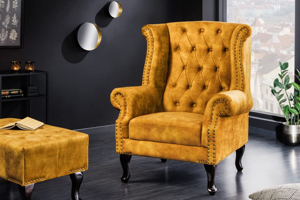 Riess Ambiente Design Ohrensessel Chesterfield 85cm senfgelb Samt Knopfheftung Sessel Polstersessel