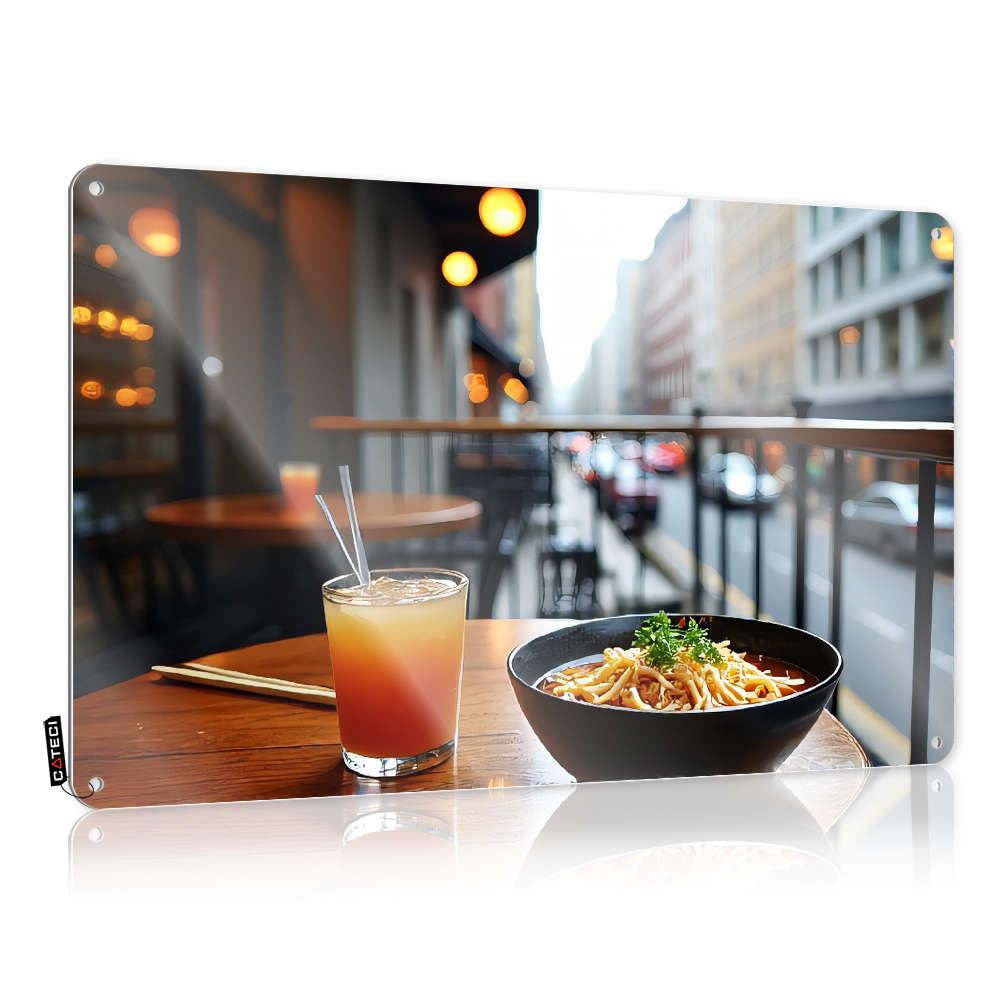 Fzfn Colour Teen Tin Wall Decor Designer | A Bowl Of Noodles And A Colorful Drink On A Table Cute Gym Decoration(30X40cm)