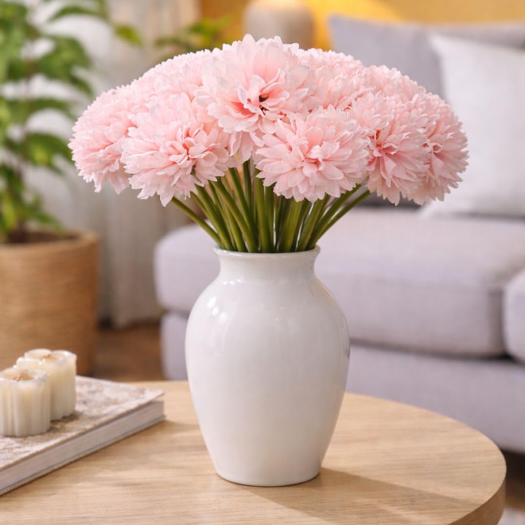 SATYAM KRAFT 5 Pcs Artificial Chrysanthemum Hydrangea Ball Flower Sticks for Wedding Decorations, Wedding,Birthday Home Bedroom Balcony Living Room (Fabric, Without Vase) (Peach, 5 Pcs)