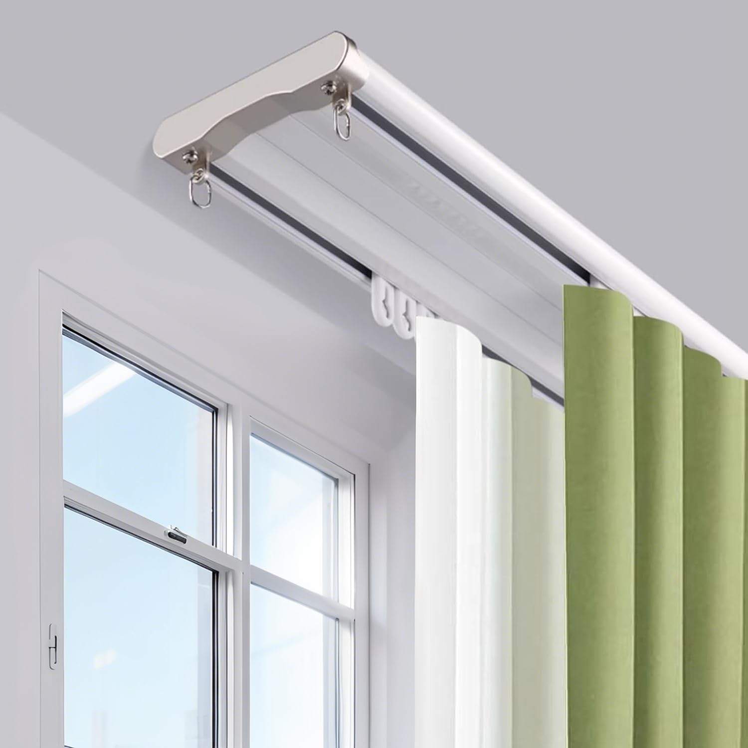 Cichy dwutorowy system szyn sufitowych, aluminiowy system szyn z rolkami, biały osprzęt do drzwi przesuwnych do stodoły, do sypialni, łazienki, szafy, kampera, przegrody pokoju