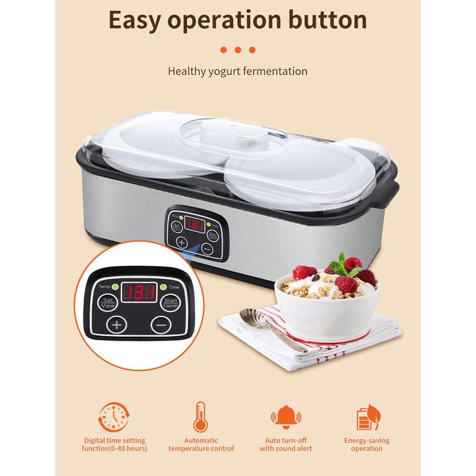 Fabricante de Yogurt, 2L Automático de Yogur Digital Maquinem Maquinem Incubadora de Yogurt Casero con Frascos de Vidrio, Temperatura y Control de Tiempo Ajustable (EU)