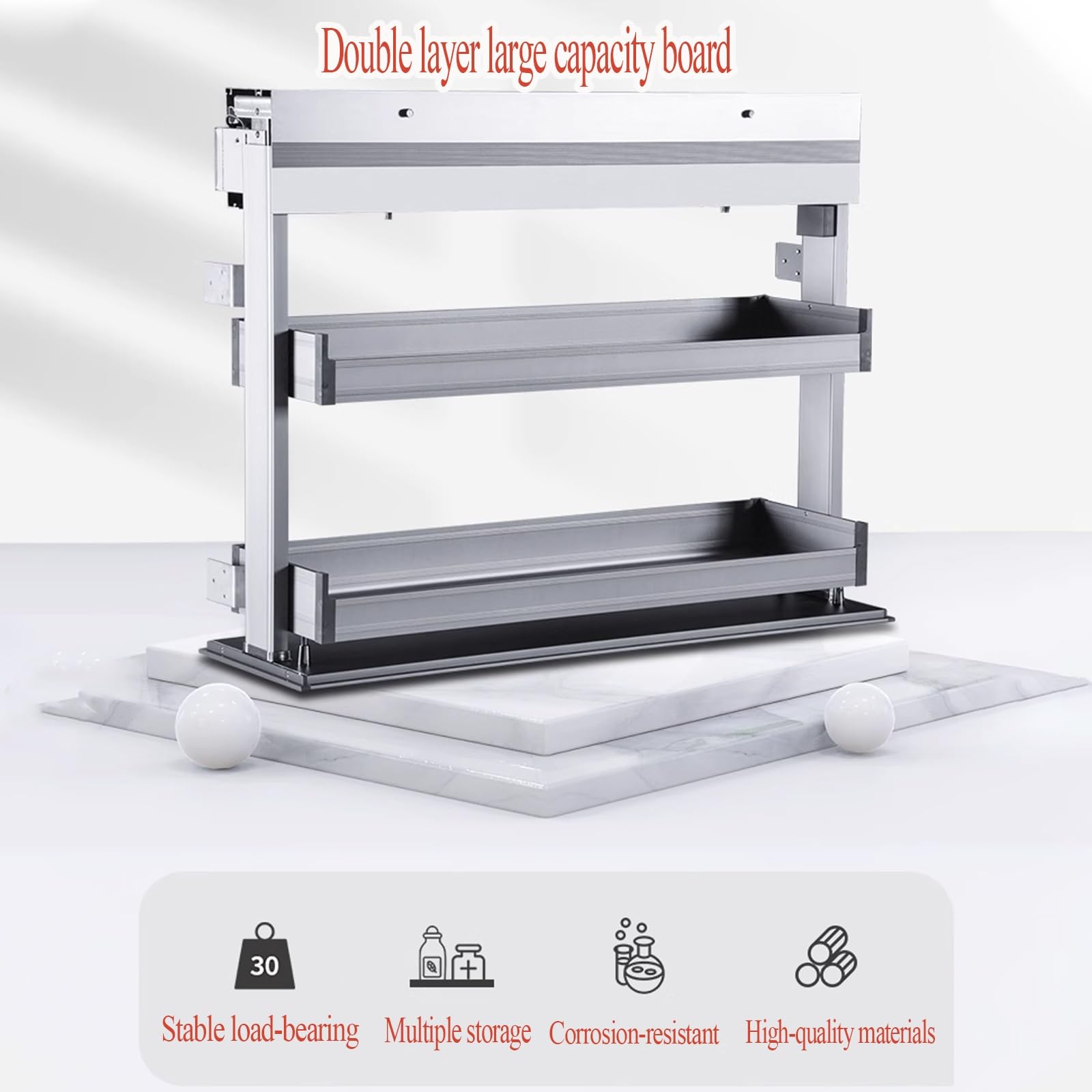 Organizador de especias extraíble, 2 niveles deslizables con interruptor táctil, se adapta a armarios superiores, capacidad de carga de hasta 20 kg, fácil acceso a condimentos