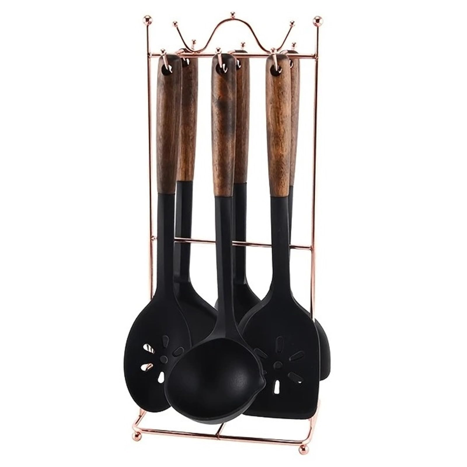 Juego de Utensilios Cocina Silicona, 7 Uds., Olla, Pala, Cuchara for Sopa, Garra Espagueti, Juego con Estante Almacenamiento, Conjunto domésticos para Cocina(Black)