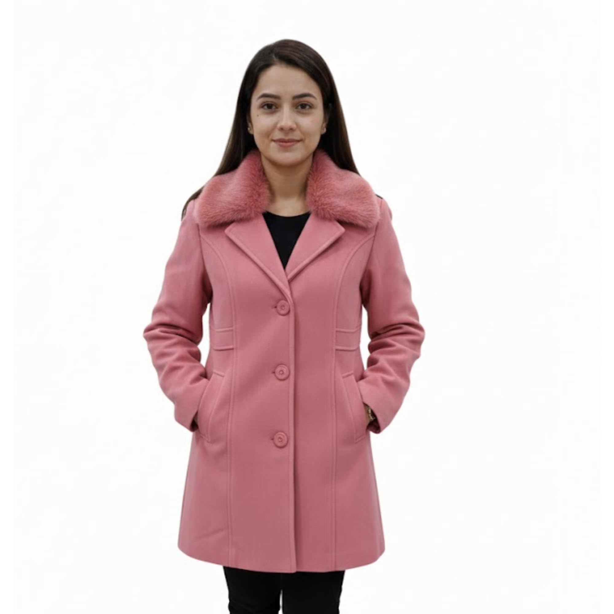 Women?s Elegant Woolen Winter Long Coat with Fur Collar ? Stylish Office & Casual Jacket-picture-17