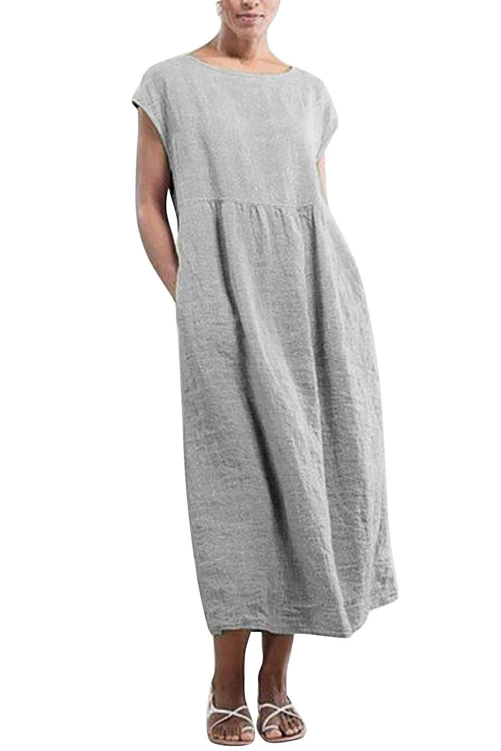 Yidarton Kleider Damen Lang Sommer Elegant Strandkleid Kurzarm Rundhalsausschnitt Casual Lose Maxi Kleider mit Taschen