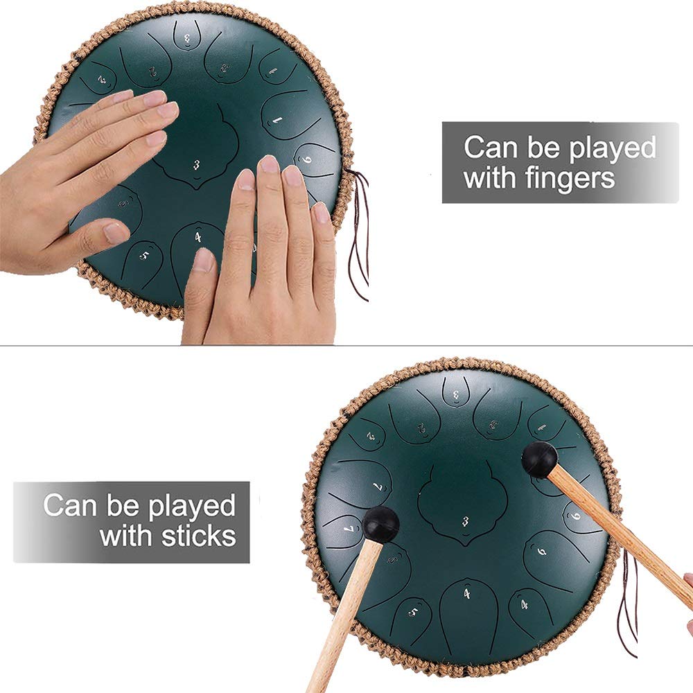 Profesjonalne 12-calowe 15 Notatki Drum Stalowy Drum, D Klucz Kompaktowy Instrument Perkusyjny Z, Torba Podróżna, Książka Muzyczna, Młotki, Palec, Picket (Color : Green)