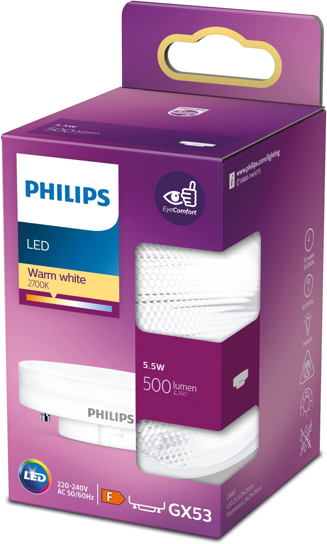 Philips LED Light Bulb Equivalent 500lm GX53 Warm White, Non-Dimmable, Plastic