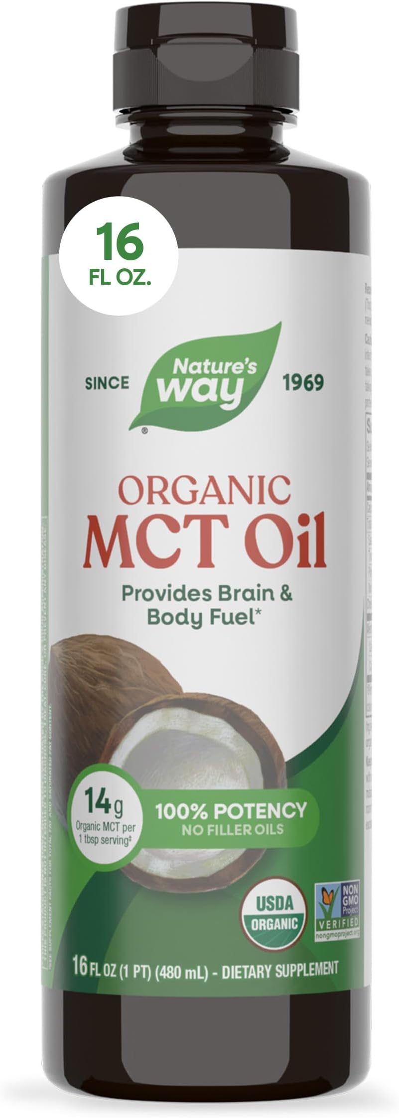Organic MCT Oil 14g | Coconut-Derived Keto & Paleo Brain & Body Fuel & No Filler Oils & Vegan | 16 Fl Oz