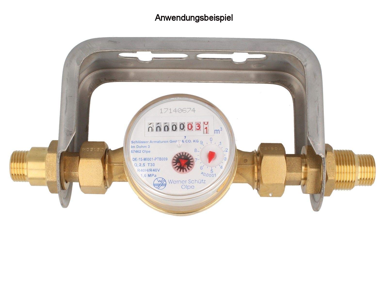 JS - Soporte para contador de agua para contador de chorro único, longitud 110 mm, no ajustable, acero inoxidable