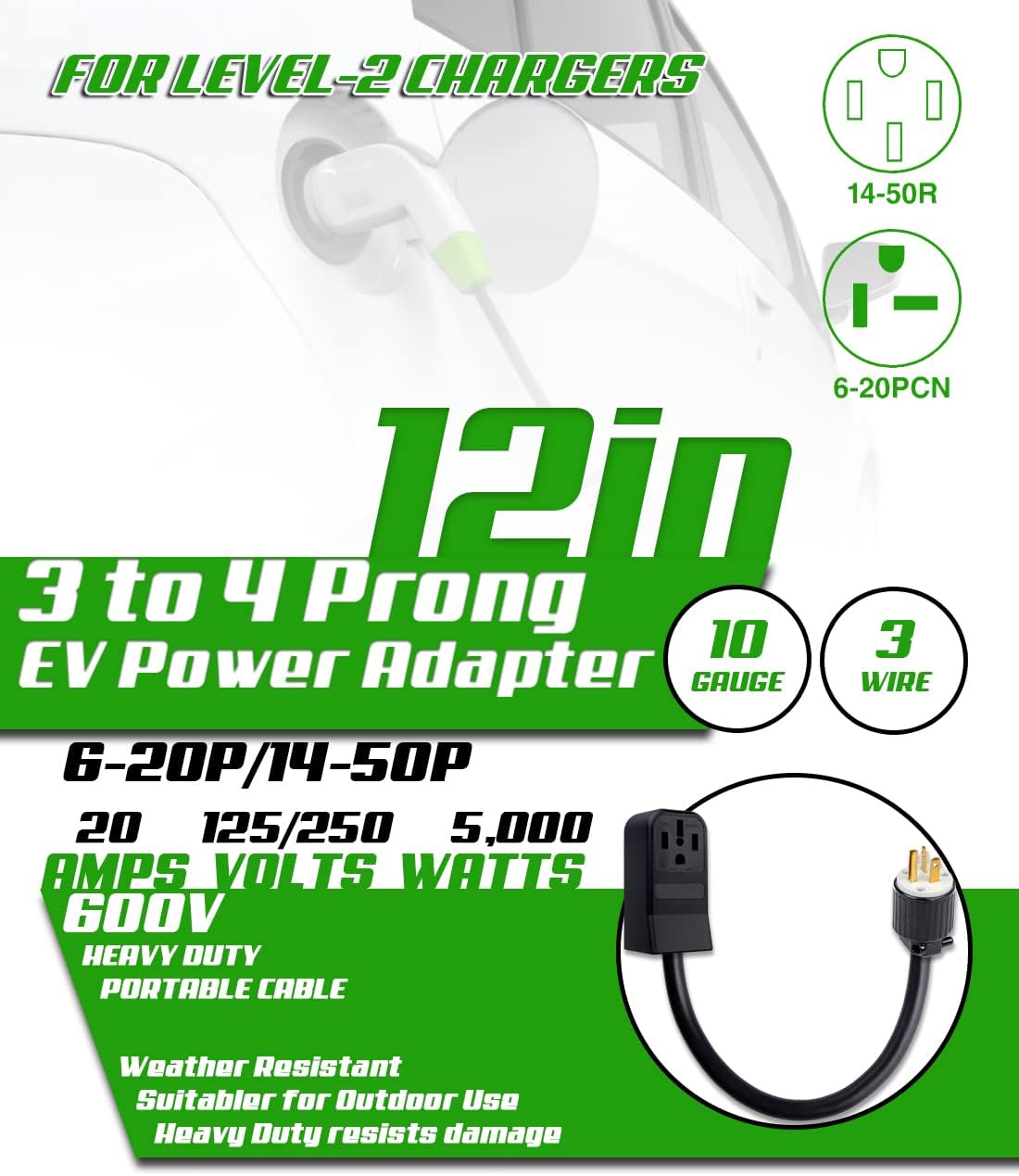 3 Prong to 4 Prong NEMA 14-50 Adapter for Electric Vehicles Level 2 Charging (6-20P)