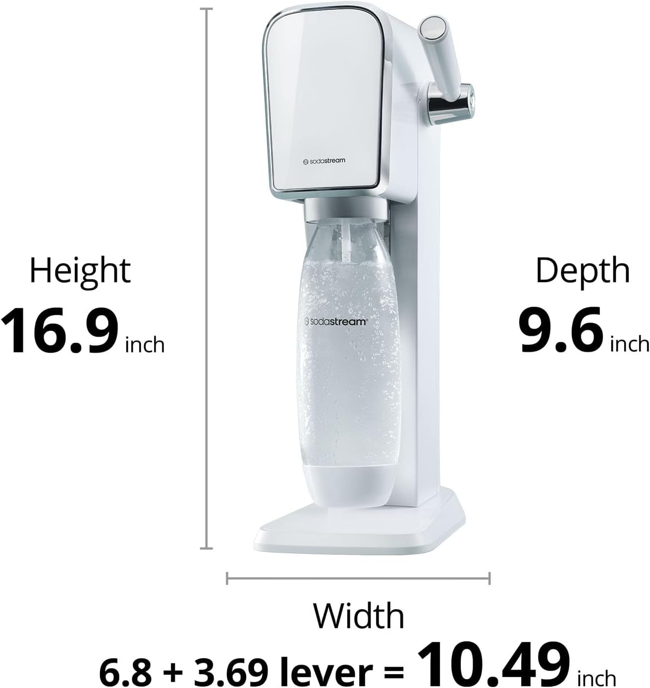 Dimensi Seni SodaStream: Tinggi 16.9 inci, Dalam 9.6 inci, Lebar 10.49 inci