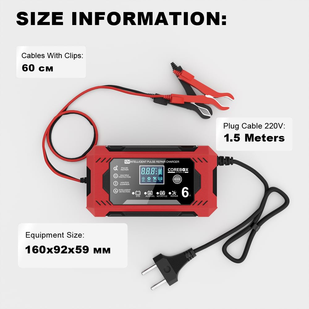 Ładowarka do akumulatora samochodowego 6 A, 12 V, w pełni automatyczna ładowarka do akumulatora samochodowego z ekranem dotykowym LCD, kompensacja temperatury, tryb naprawy, w pełni automatyczna