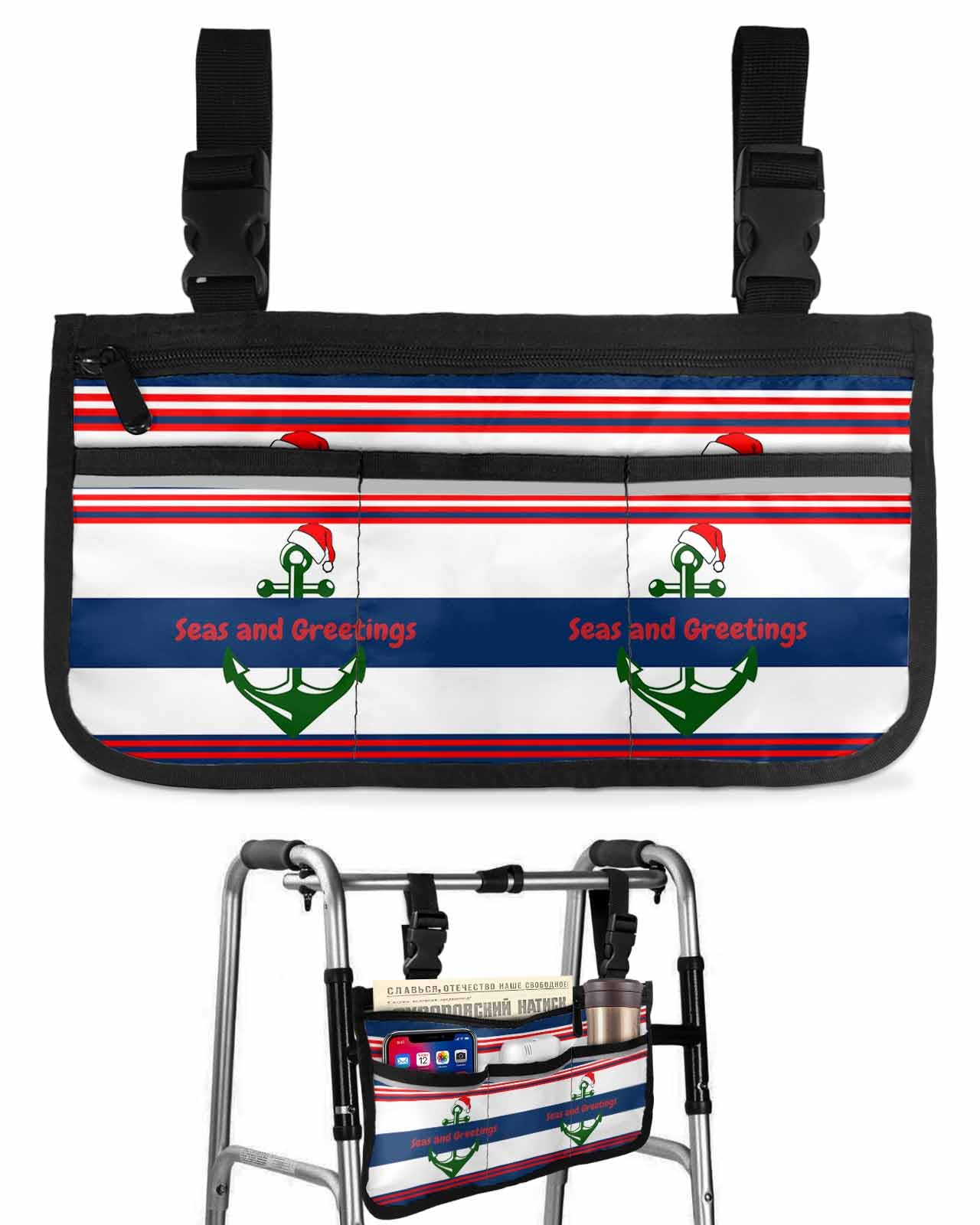 Anzona Christmas Anchor Wheelchair Side Bag Walker Bag, Nautical Xmas Navy Blue Red Striped Wheelchair Accessories Armrest Pouch, Organizer Storage Bag for Walkers, Rollators, Scooters, 7.3''x13''