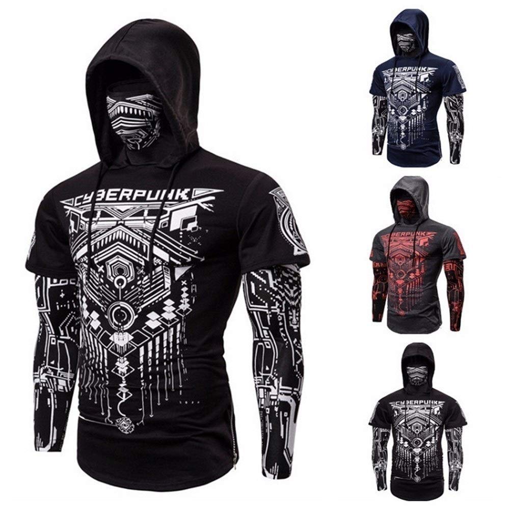 RpaioRpaio Hoodie Sweatshirt T-shirt Elastic Fitness Mens Hoodie Face Mask Cycling Hoodies With Skull Face Mask Skeleton Hoodie Men Fake Two Cyberpunk Ninja Suit Hooded Long Sleeve T-shirt Face Mask Cyclin