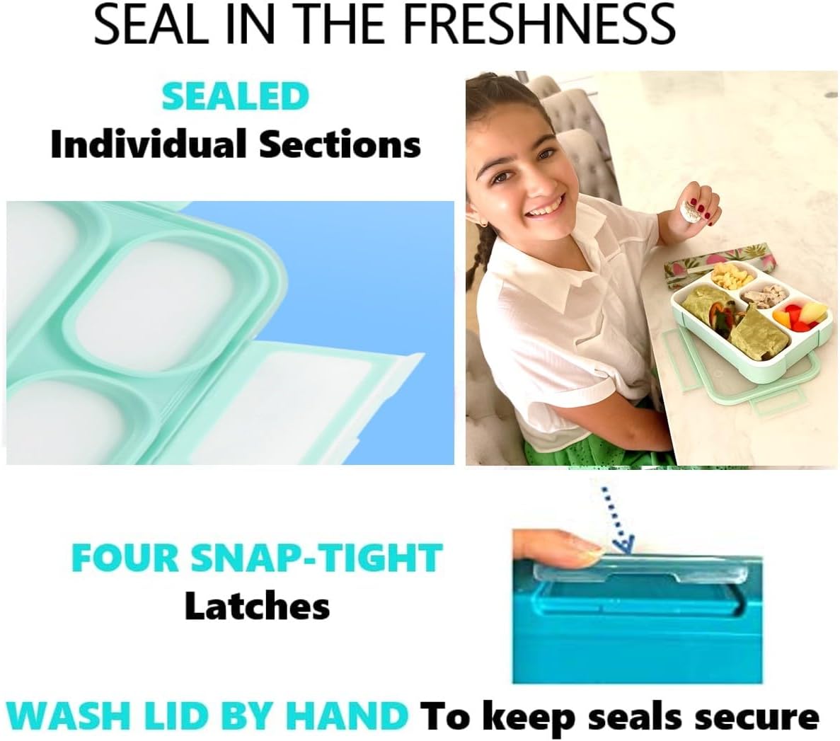 kinsho Leakproof Bento-Box Lunch-Boxes for Women, Kids. Large Green 4 Compartments and Mini Blue 3 Compartment Containers for Lunches Snacks School Travel, 2 pack set