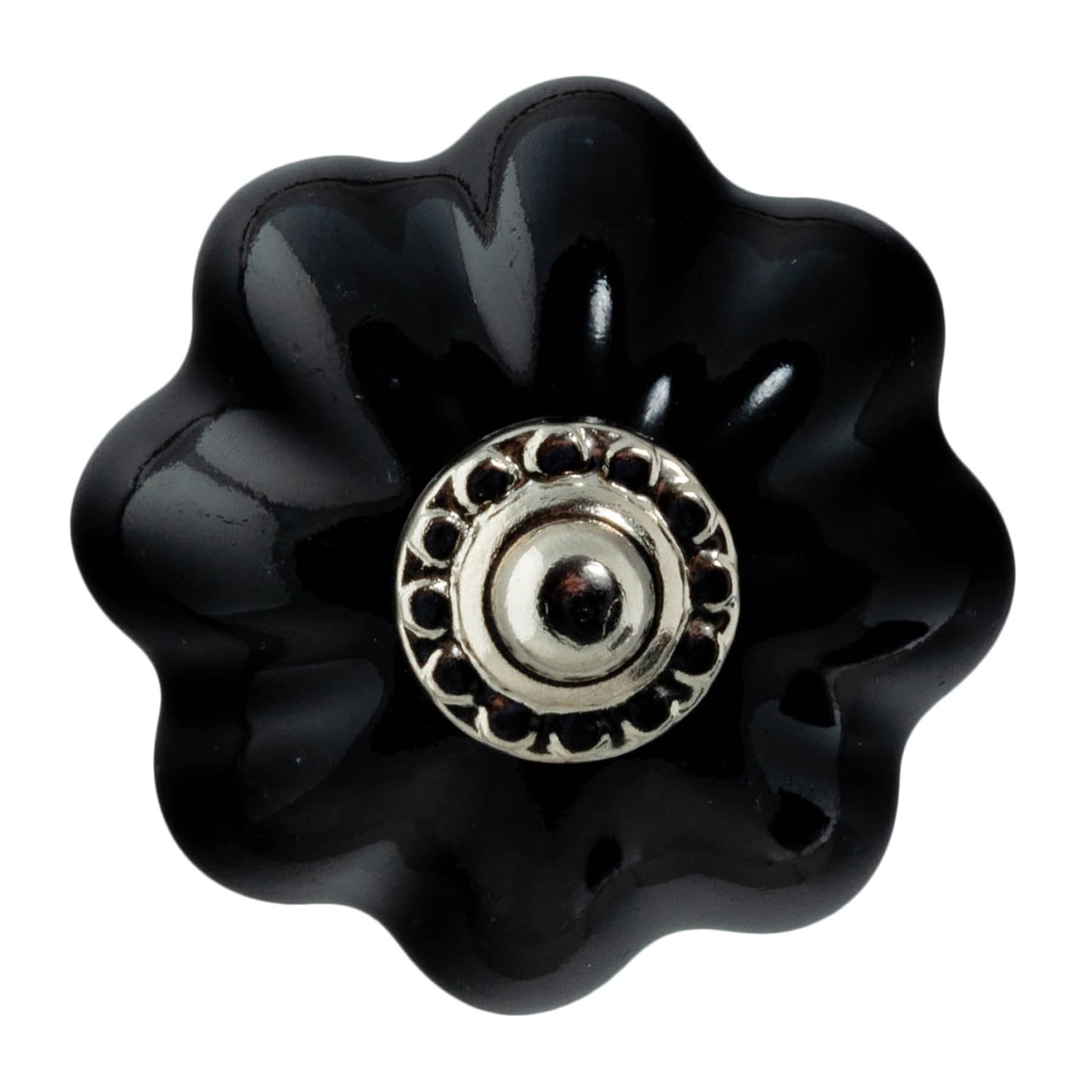 Nicola Spring Floral Ceramic Cabinet Knobs - Pack of 24 - Porcelain - Black - 45mm Diameter
